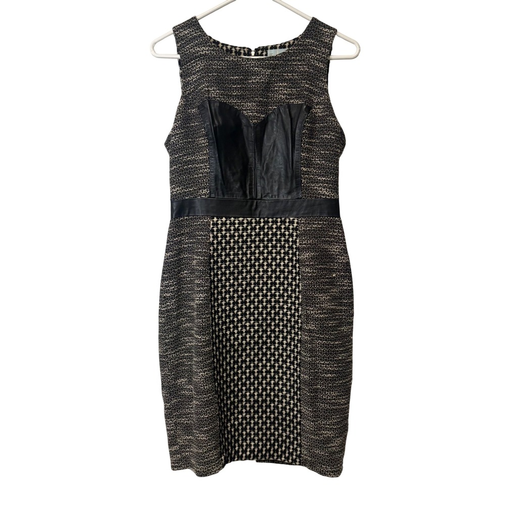 Tracy Reese‎ Mixed Media Lamb Leather Tweed Sheath Dress Black White Size 6